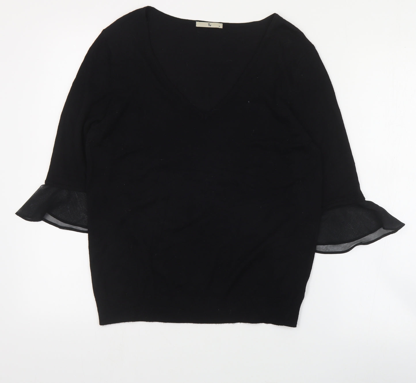 TU Womens Black V-Neck  Viscose Pullover Jumper Size 14