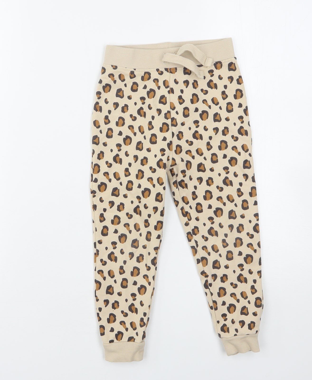 Dunnes Stores Girls Beige Animal Print Cotton Sweatpants Trousers Size 3-4 Years  Regular Drawstring