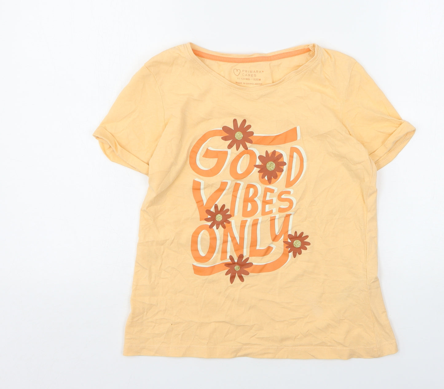 Primark Girls Orange  Cotton Basic T-Shirt Size 11-12 Years Round Neck