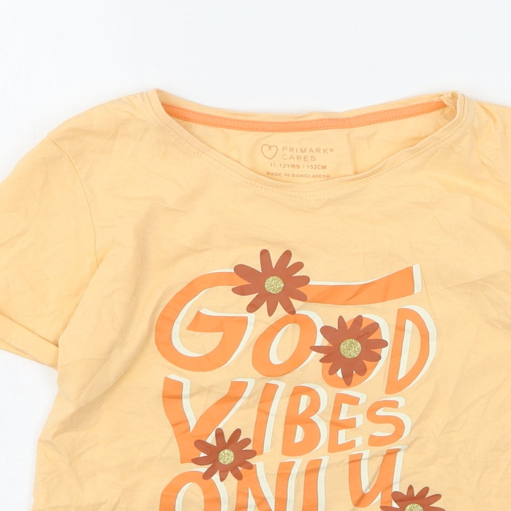 Primark Girls Orange  Cotton Basic T-Shirt Size 11-12 Years Round Neck
