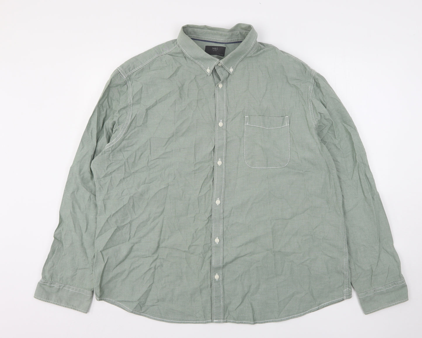 Marks and Spencer Mens Green  Cotton  Button-Up Size 3XL Collared