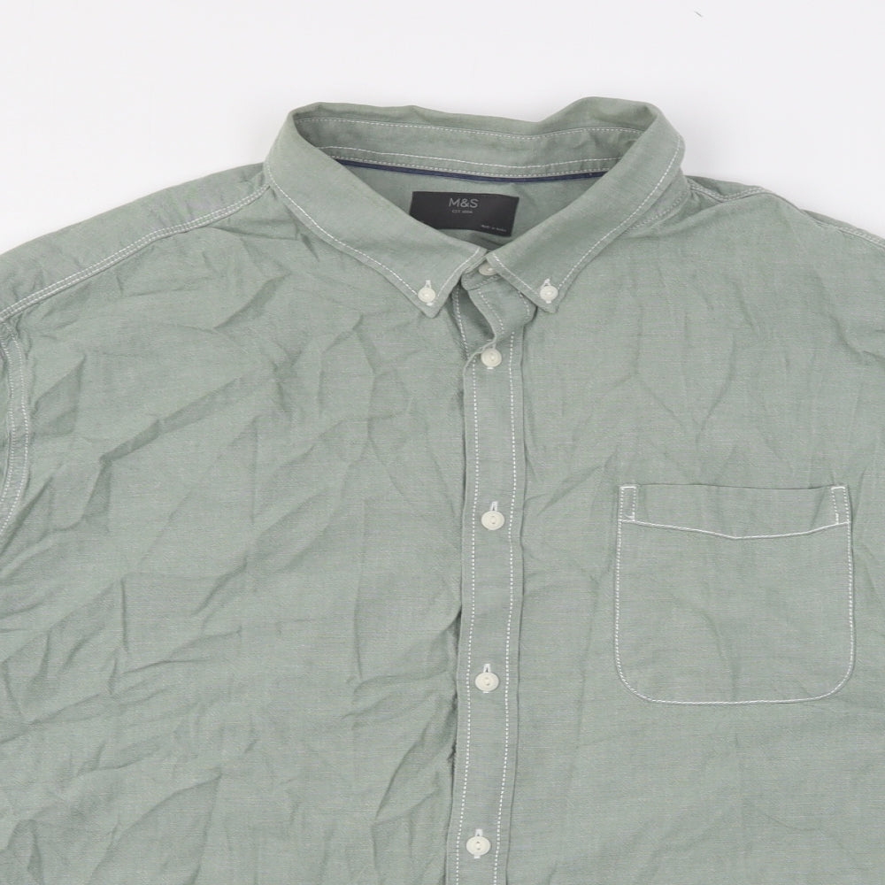 Marks and Spencer Mens Green  Cotton  Button-Up Size 3XL Collared