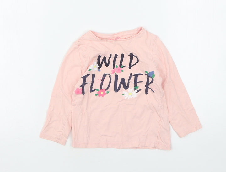 F&F Girls Pink Floral Cotton Basic T-Shirt Size 2-3 Years Round Neck