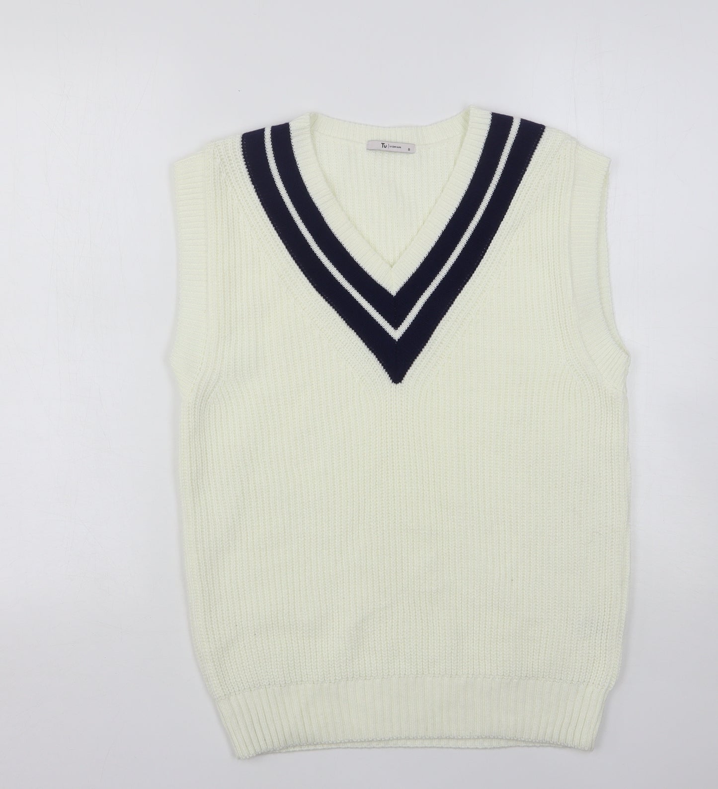 TU Womens Ivory V-Neck  Acrylic Vest Jumper Size 8