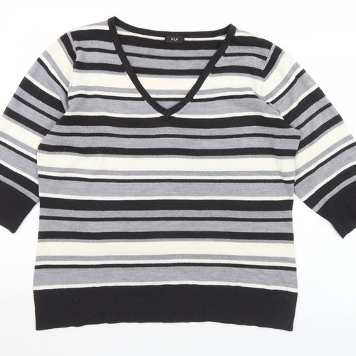 F&F Womens Multicoloured V-Neck Striped Acrylic Pullover Jumper Size 18