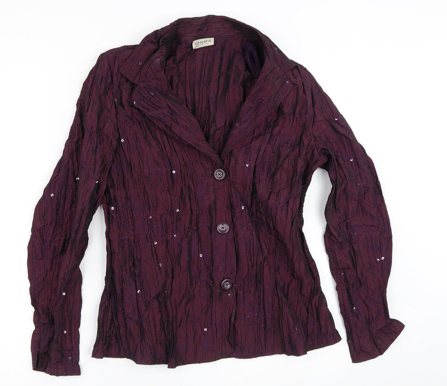 Canda Womens Purple Floral Polyester Basic Button-Up Size S V-Neck