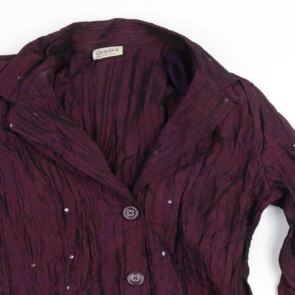 Canda Womens Purple Floral Polyester Basic Button-Up Size S V-Neck