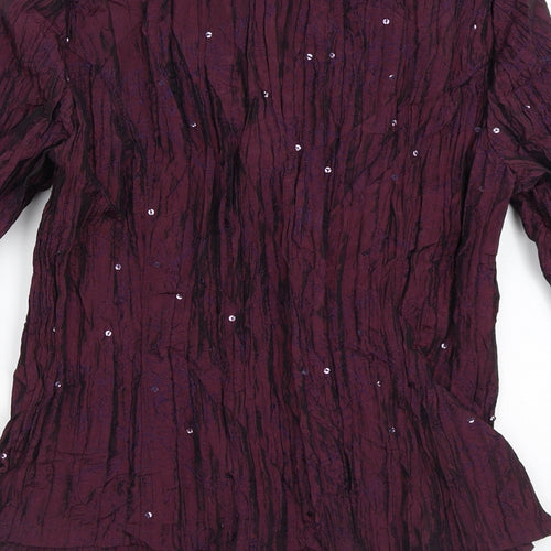 Canda Womens Purple Floral Polyester Basic Button-Up Size S V-Neck