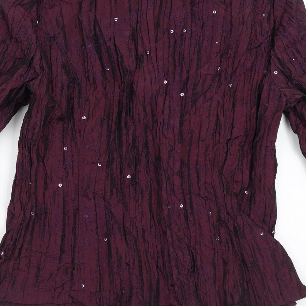 Canda Womens Purple Floral Polyester Basic Button-Up Size S V-Neck
