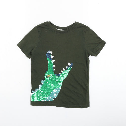 H&M Boys Green  Cotton Basic T-Shirt Size 4-5 Years Round Neck Pullover - Crocodile