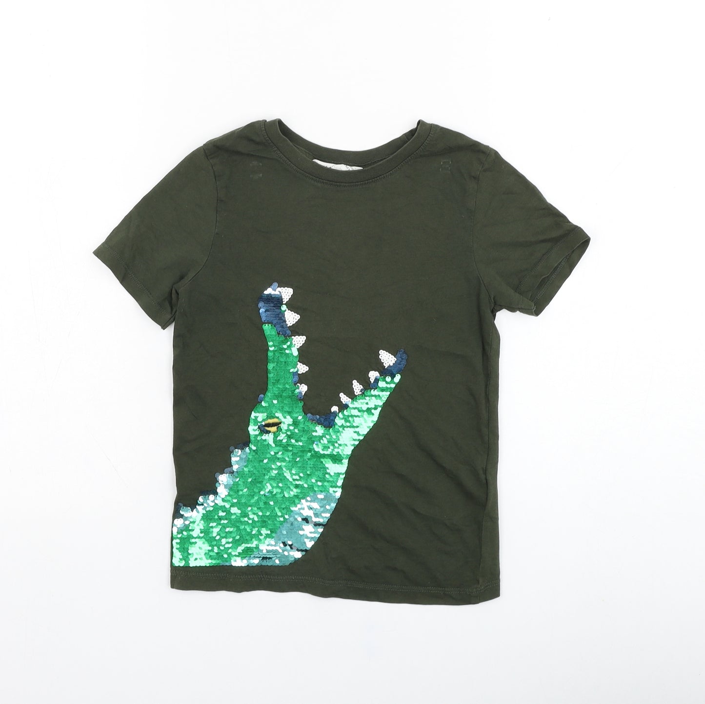 H&M Boys Green  Cotton Basic T-Shirt Size 4-5 Years Round Neck Pullover - Crocodile
