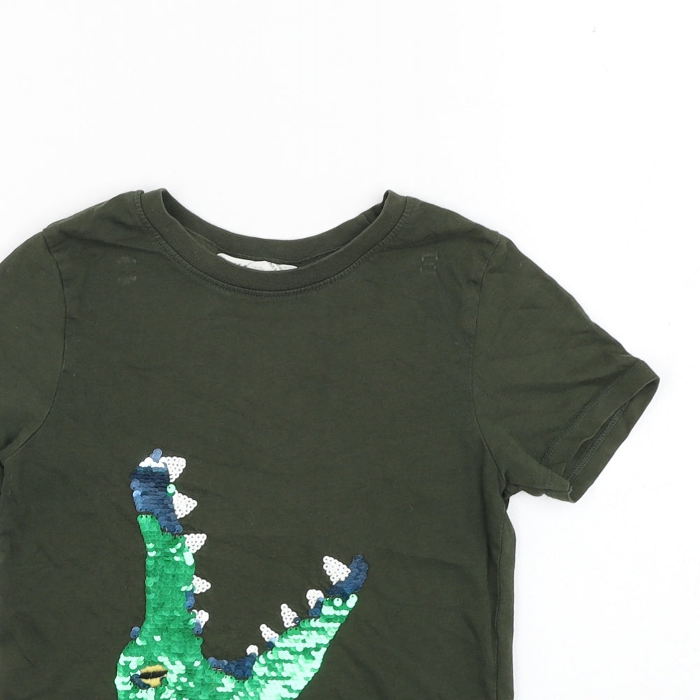 H&M Boys Green  Cotton Basic T-Shirt Size 4-5 Years Round Neck Pullover - Crocodile