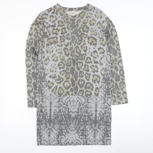 Zara Womens Grey Animal Print Cotton Jumper Dress  Size S  Round Neck Pullover