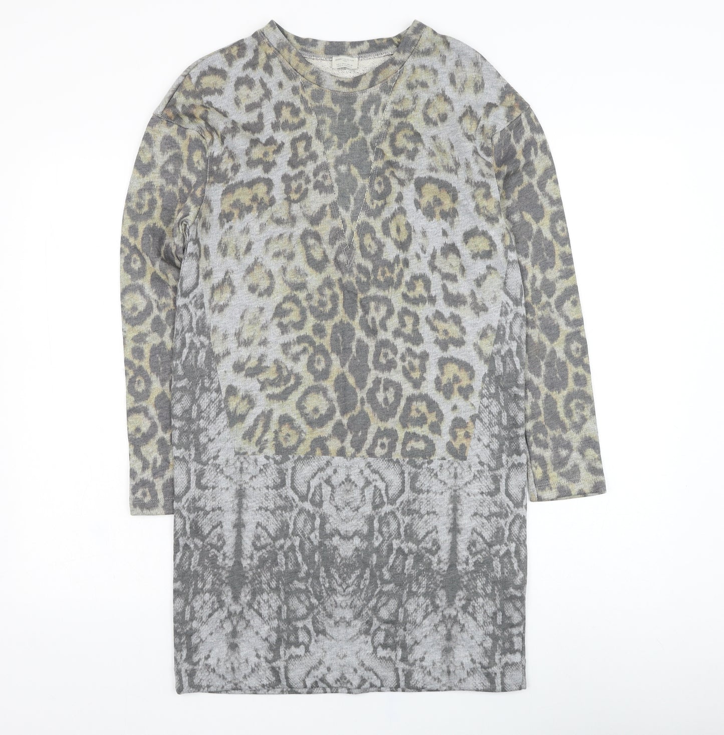 Zara Womens Grey Animal Print Cotton Jumper Dress  Size S  Round Neck Pullover