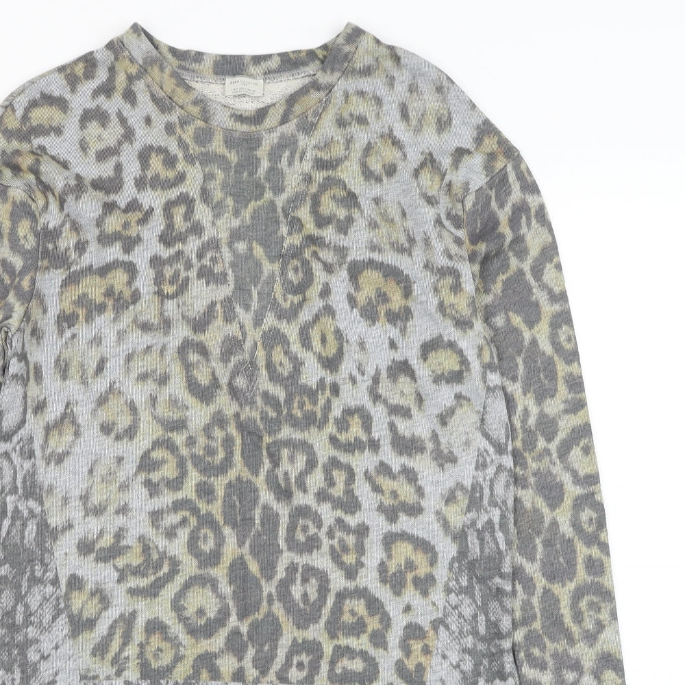 Zara Womens Grey Animal Print Cotton Jumper Dress  Size S  Round Neck Pullover