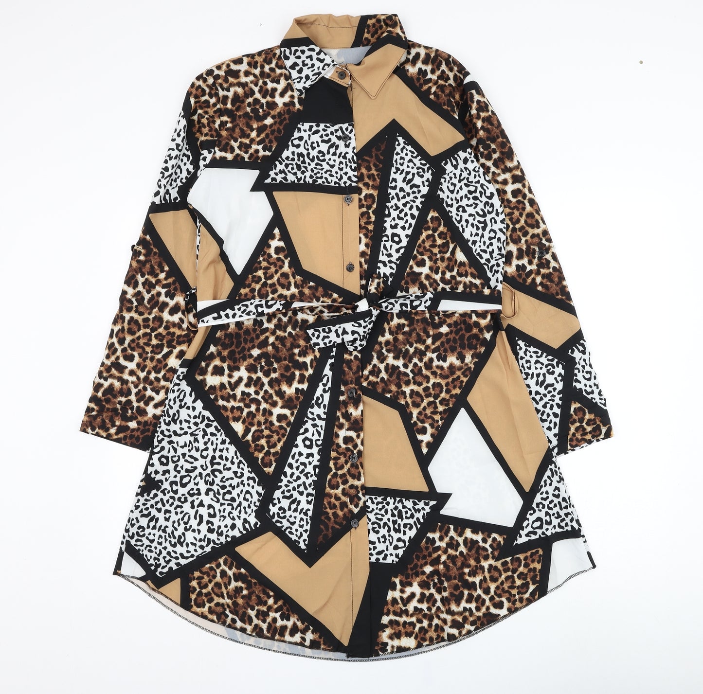 Preworn Womens Brown Animal Print Polyester Shirt Dress  Size L  Collared Button