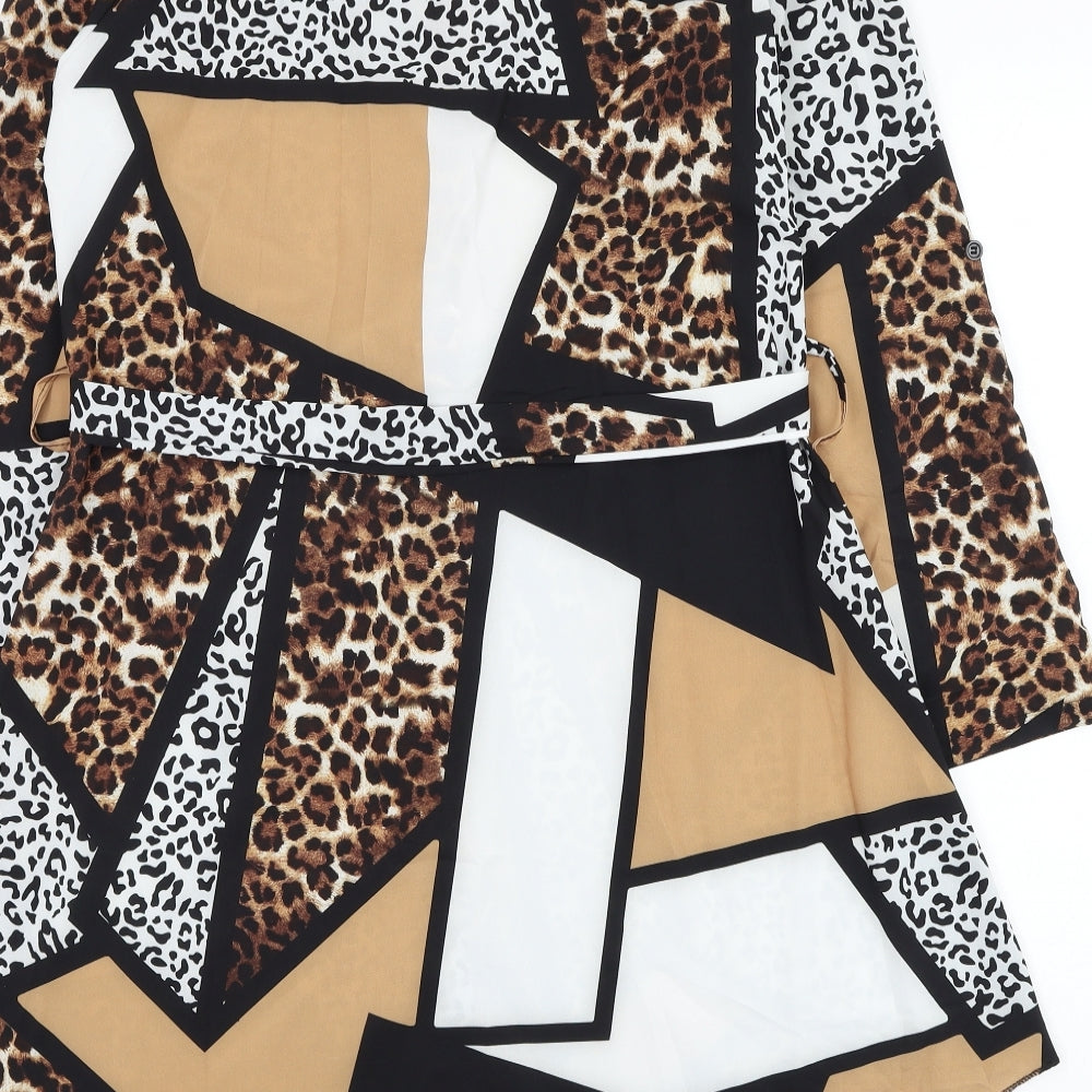 Preworn Womens Brown Animal Print Polyester Shirt Dress  Size L  Collared Button