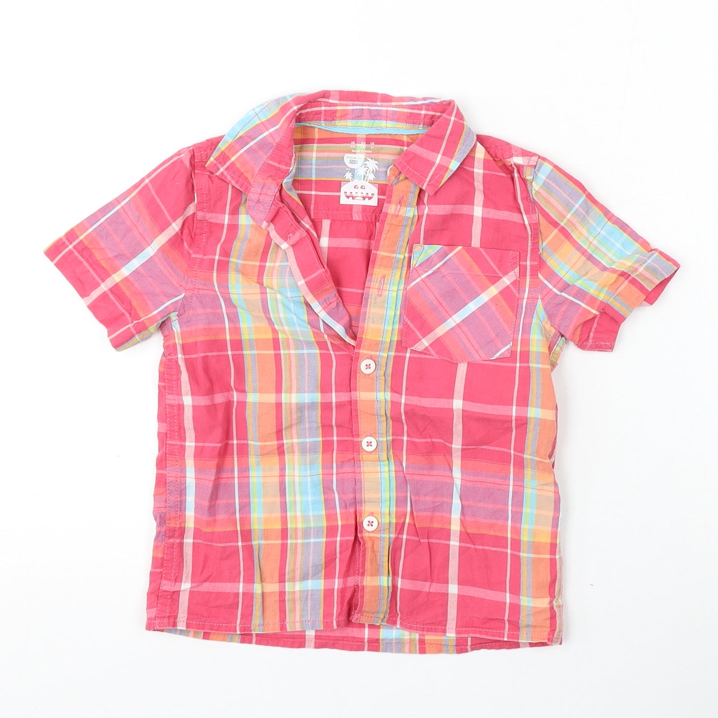 F&F Boys Pink Plaid Cotton Basic Button-Up Size 3-4 Years Collared