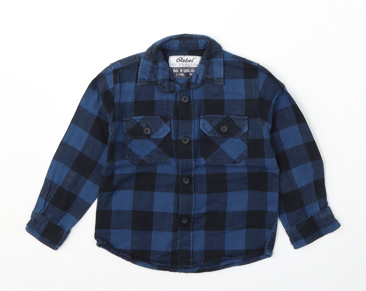 Primark Boys Blue Check Cotton Basic Button-Up Size 2-3 Years Collared Button