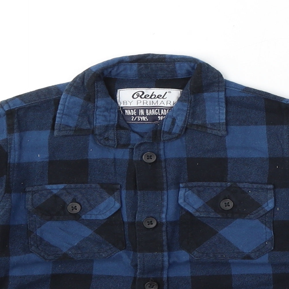 Primark Boys Blue Check Cotton Basic Button-Up Size 2-3 Years Collared Button