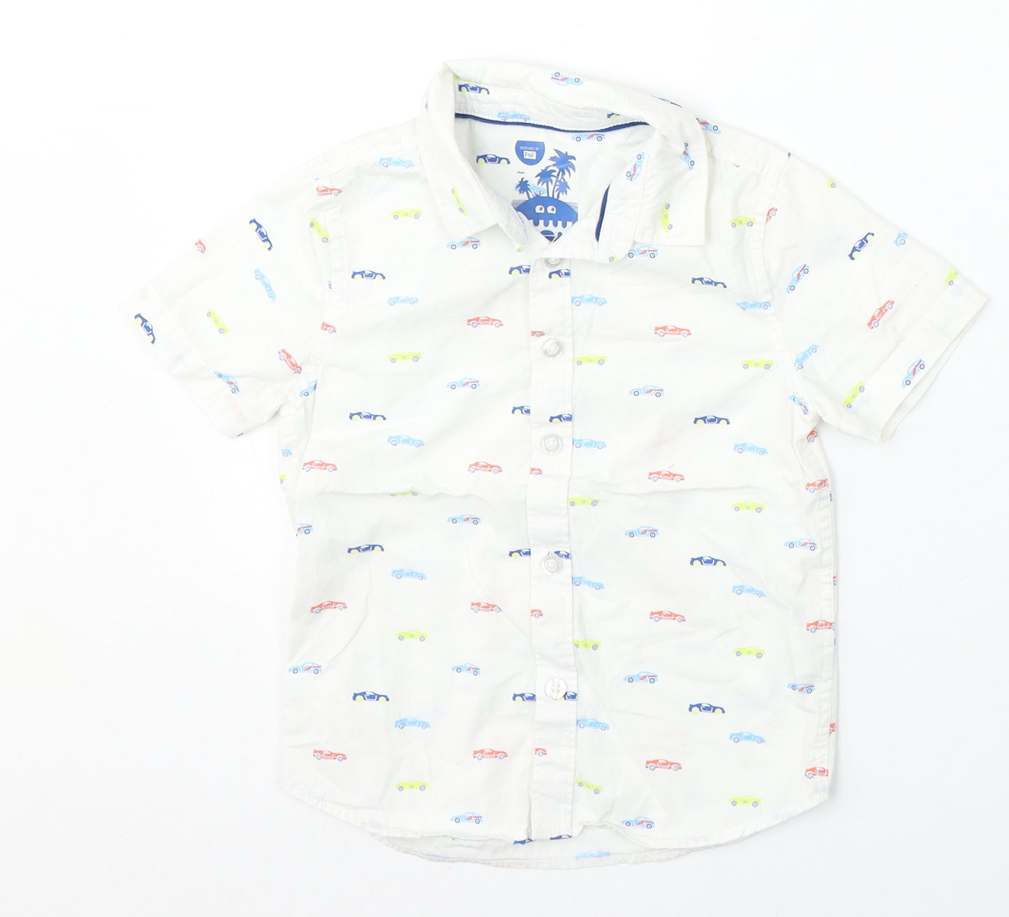 F&F Boys White Geometric Cotton Basic Button-Up Size 3-4 Years Collared
