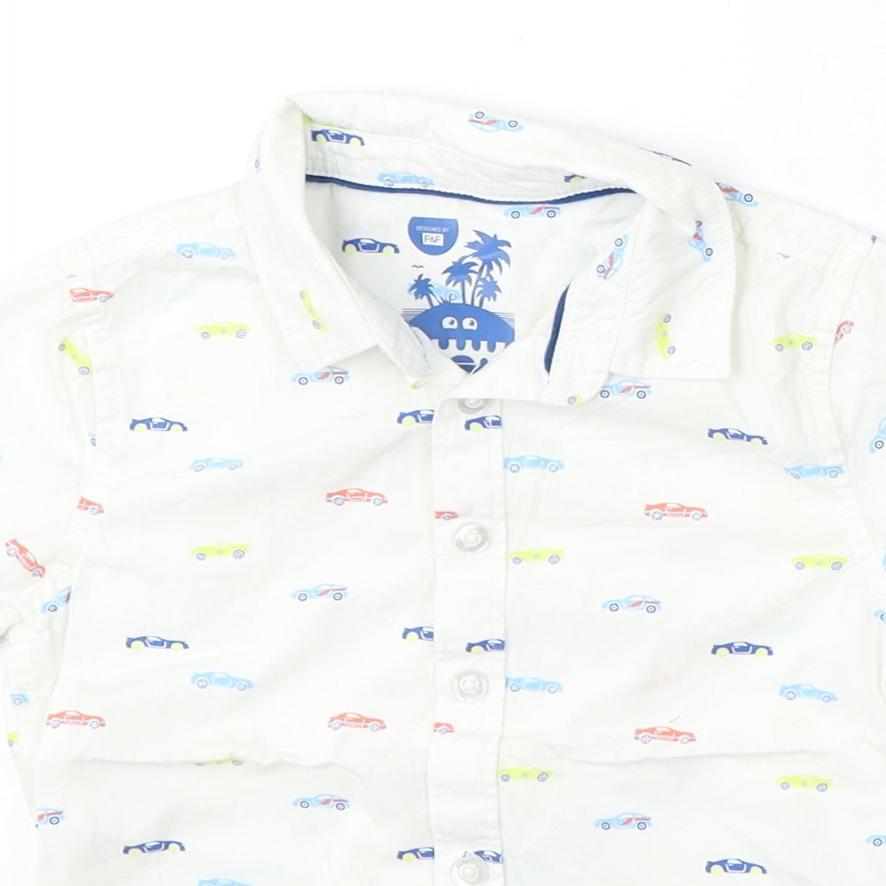 F&F Boys White Geometric Cotton Basic Button-Up Size 3-4 Years Collared