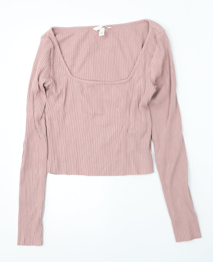 H&M Womens Pink Square Neck Cotton Pullover Jumper Size S