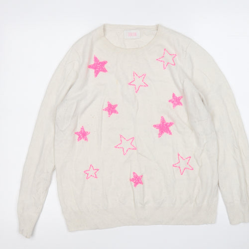 Savida Womens White Round Neck Geometric Viscose Pullover Jumper Size L   - Stars