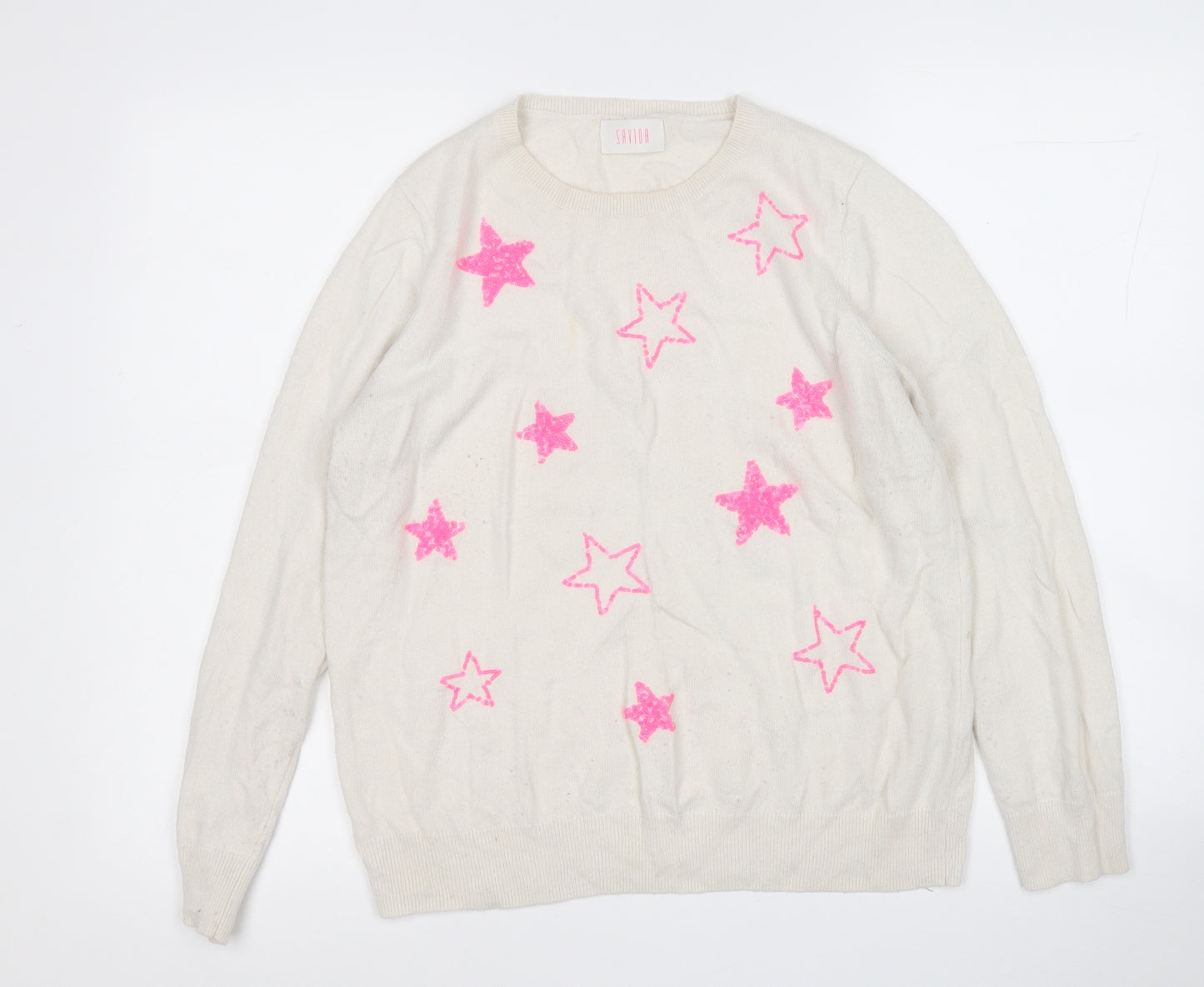 Savida Womens White Round Neck Geometric Viscose Pullover Jumper Size L   - Stars
