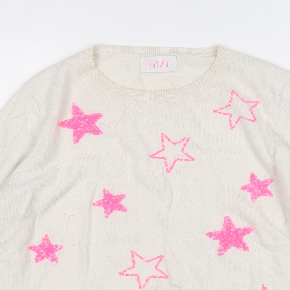 Savida Womens White Round Neck Geometric Viscose Pullover Jumper Size L   - Stars