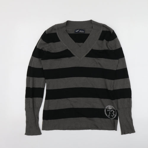 AriZona Womens Grey V-Neck Striped Acrylic Pullover Jumper Size 14