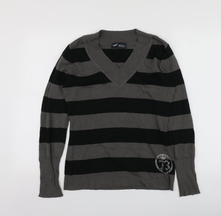 AriZona Womens Grey V-Neck Striped Acrylic Pullover Jumper Size 14