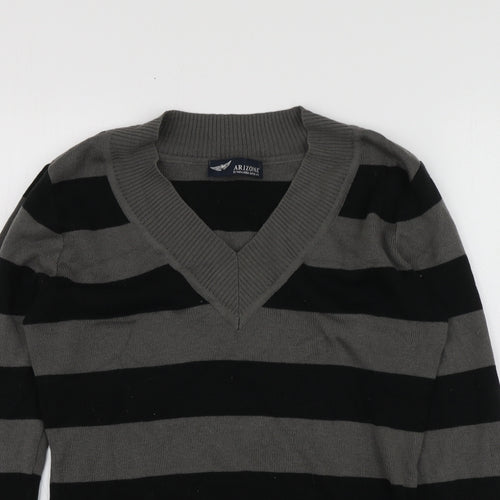 AriZona Womens Grey V-Neck Striped Acrylic Pullover Jumper Size 14