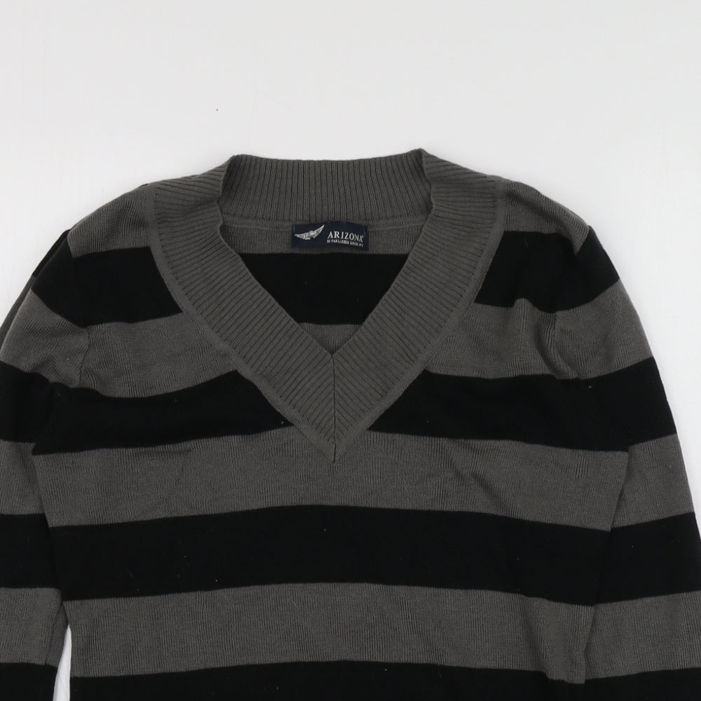AriZona Womens Grey V-Neck Striped Acrylic Pullover Jumper Size 14