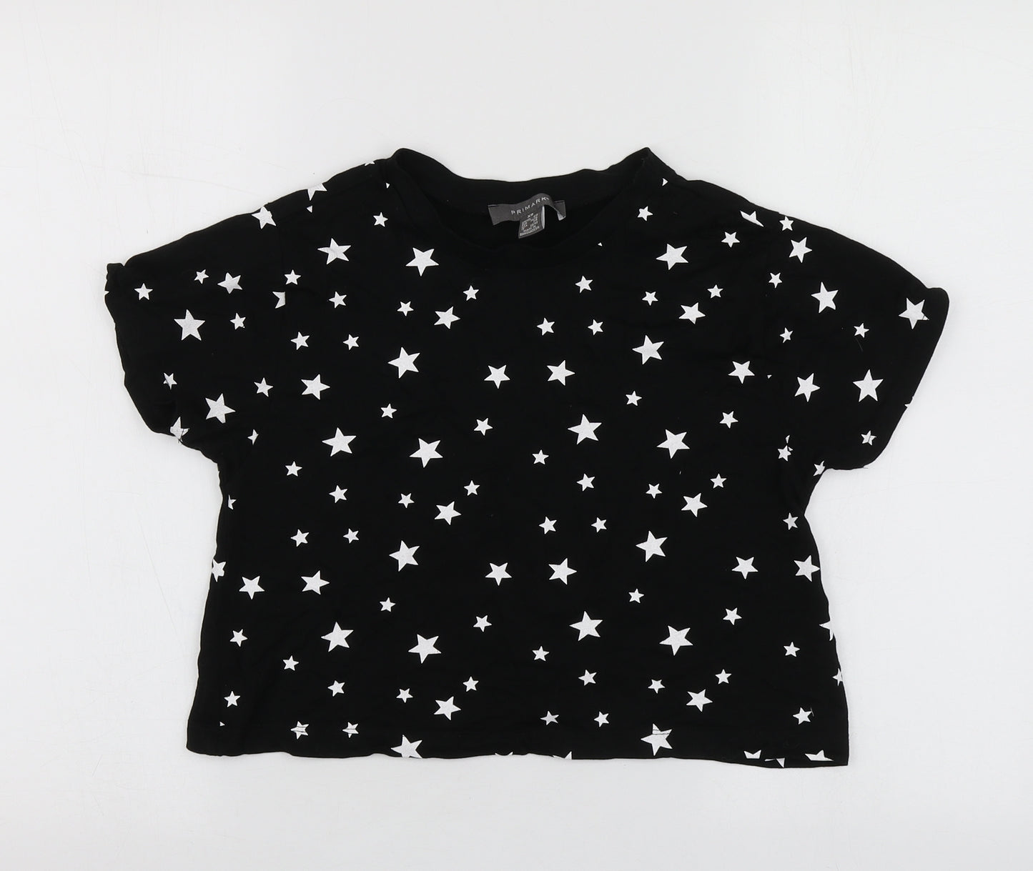 Primark Womens Black Geometric Cotton Basic T-Shirt Size XS Round Neck