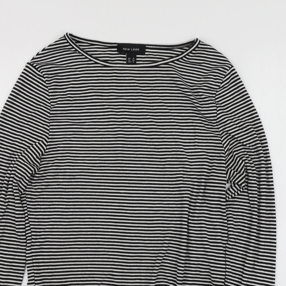 New Look Womens Black Striped Viscose Basic T-Shirt Size 14 Round Neck