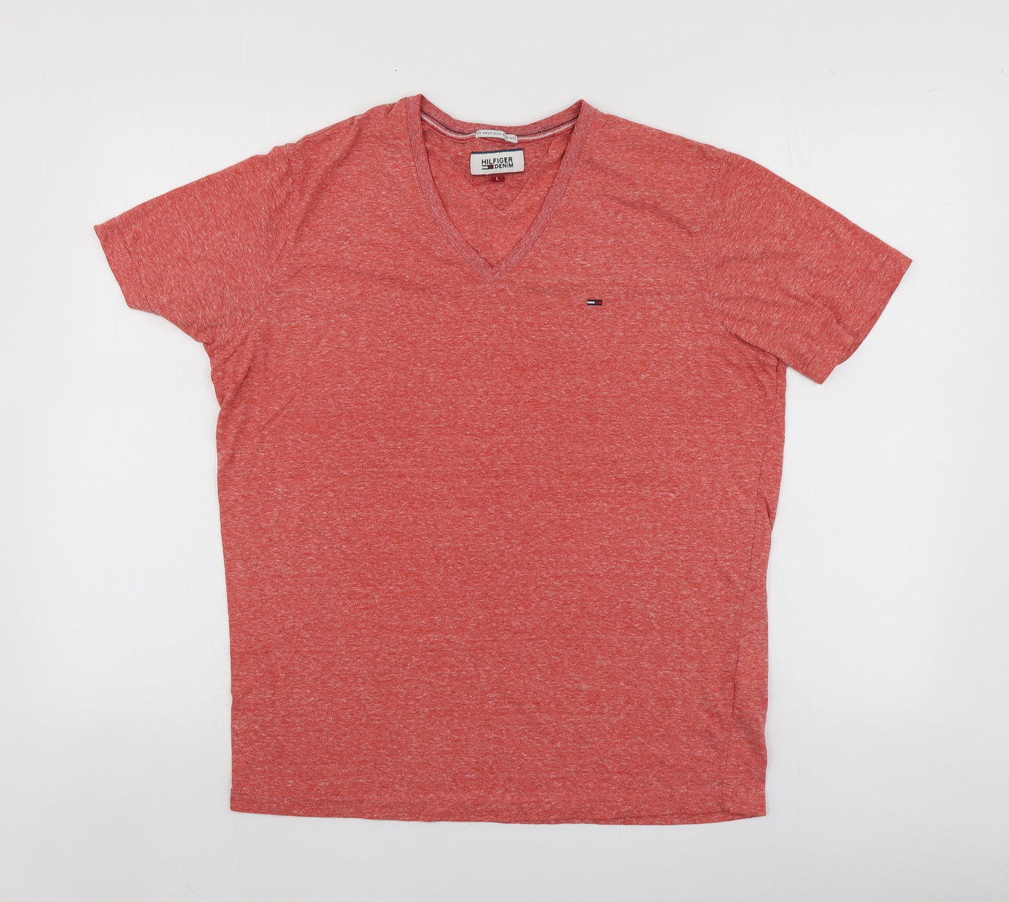 Tommy Hilfiger Womens Orange  Polyester Basic T-Shirt Size L V-Neck