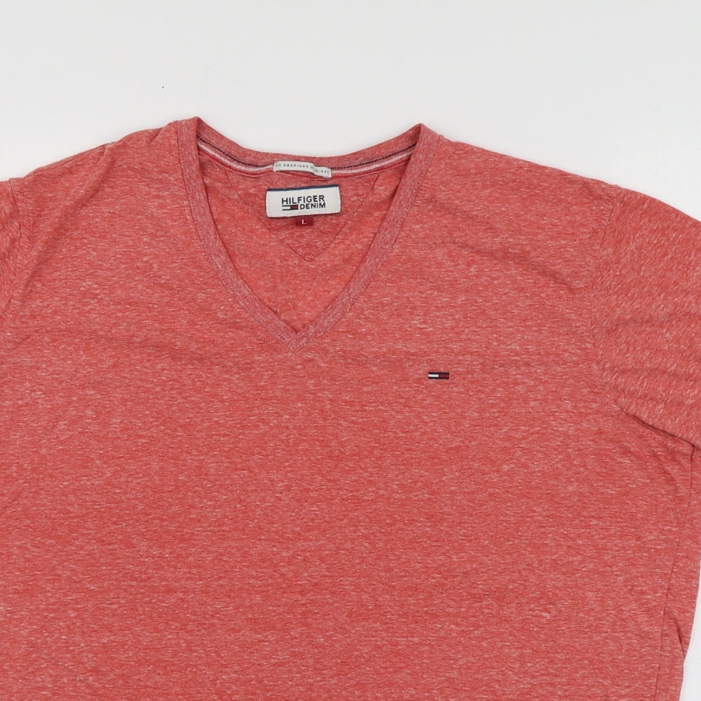 Tommy Hilfiger Womens Orange  Polyester Basic T-Shirt Size L V-Neck