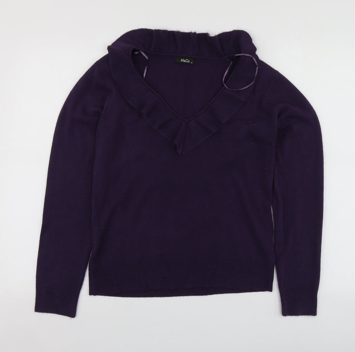 M&Co Womens Purple V-Neck  Acrylic Pullover Jumper Size M