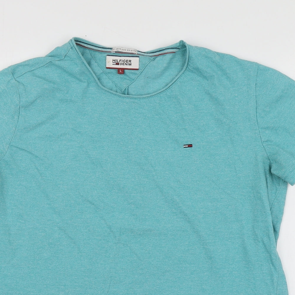 Tommy Hilfiger Womens Blue  Polyester Basic T-Shirt Size L Round Neck