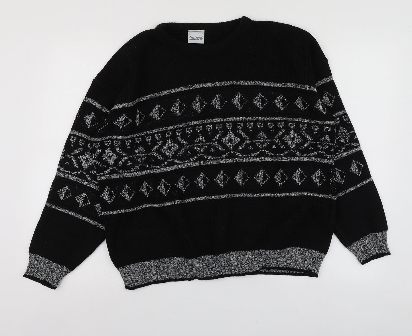 Intro Mens Black Round Neck Fair Isle Acrylic Pullover Jumper Size L
