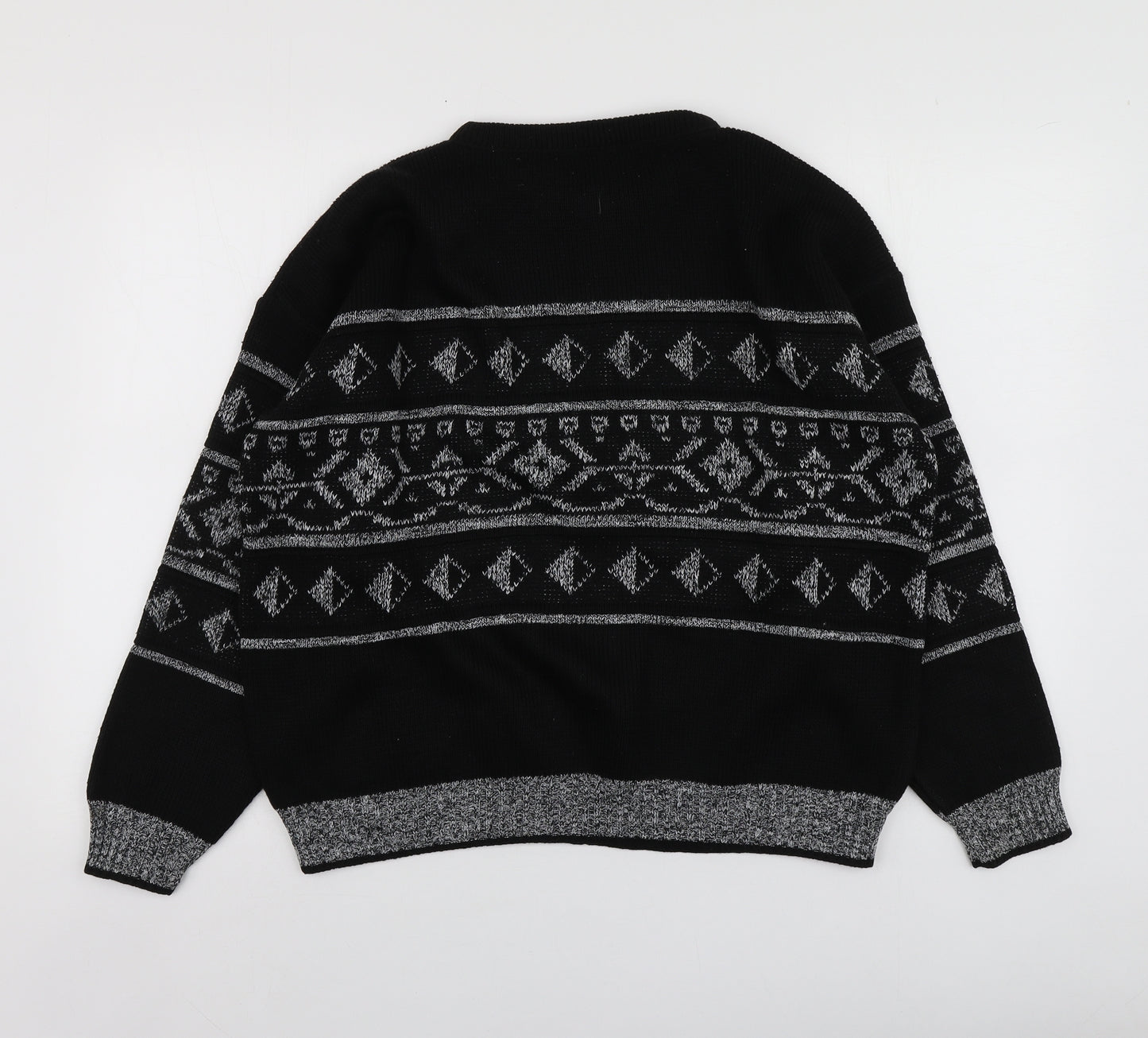 Intro Mens Black Round Neck Fair Isle Acrylic Pullover Jumper Size L