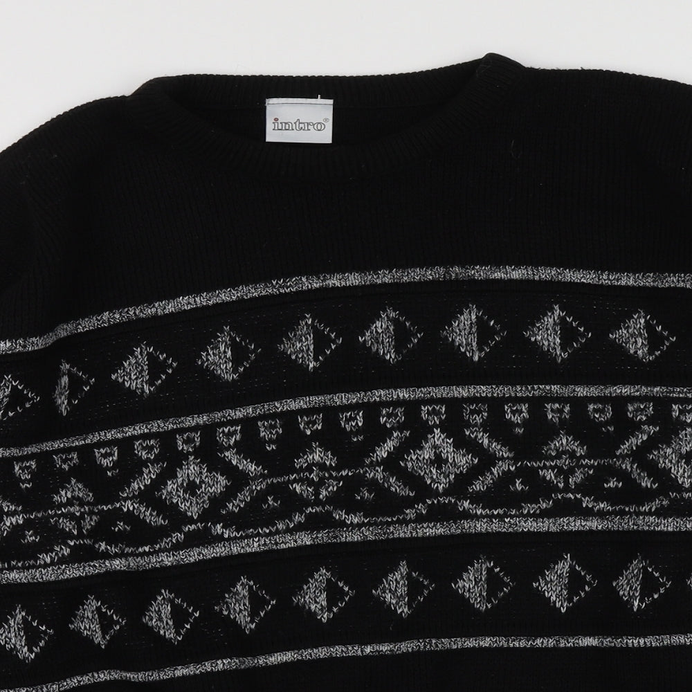 Intro Mens Black Round Neck Fair Isle Acrylic Pullover Jumper Size L