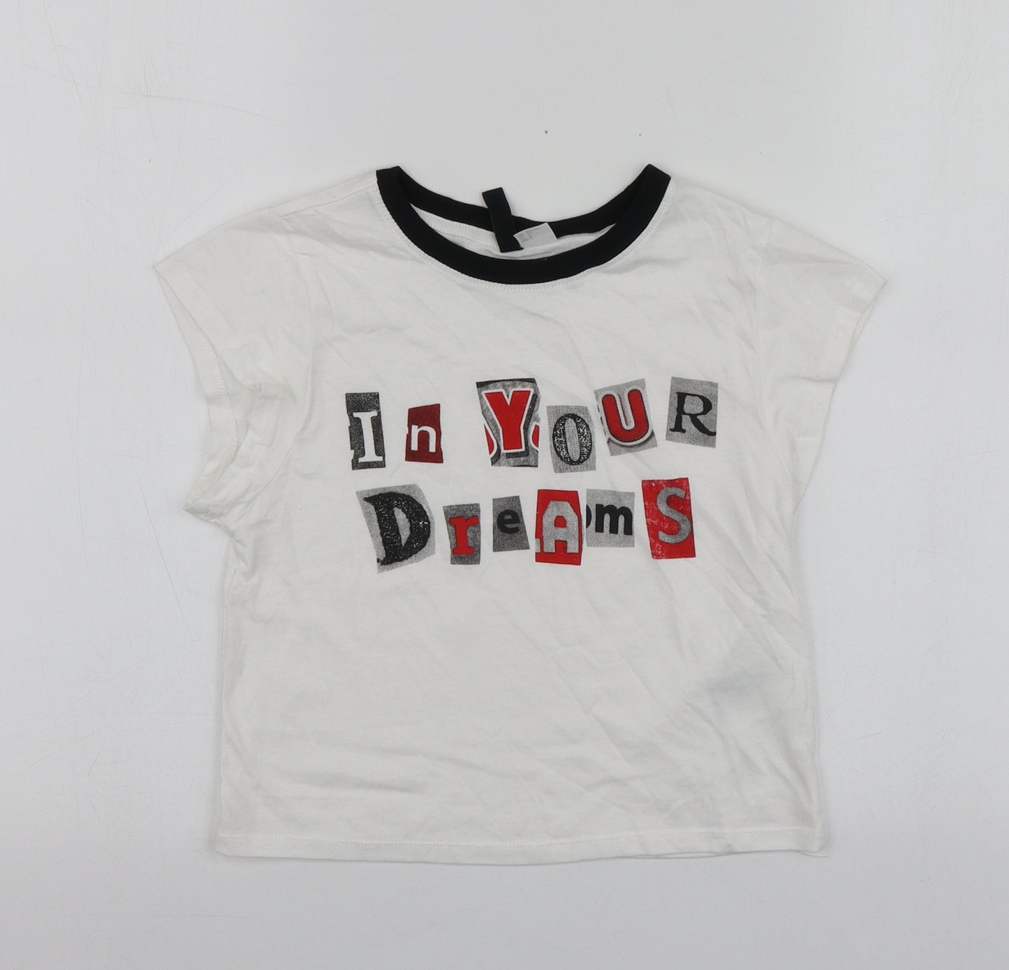H&M Womens White Geometric Cotton Basic T-Shirt Size S Round Neck