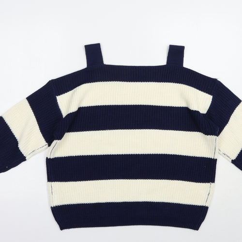 Marks and Spencer Womens Blue Square Neck Striped Acrylic Pullover Jumper Size L