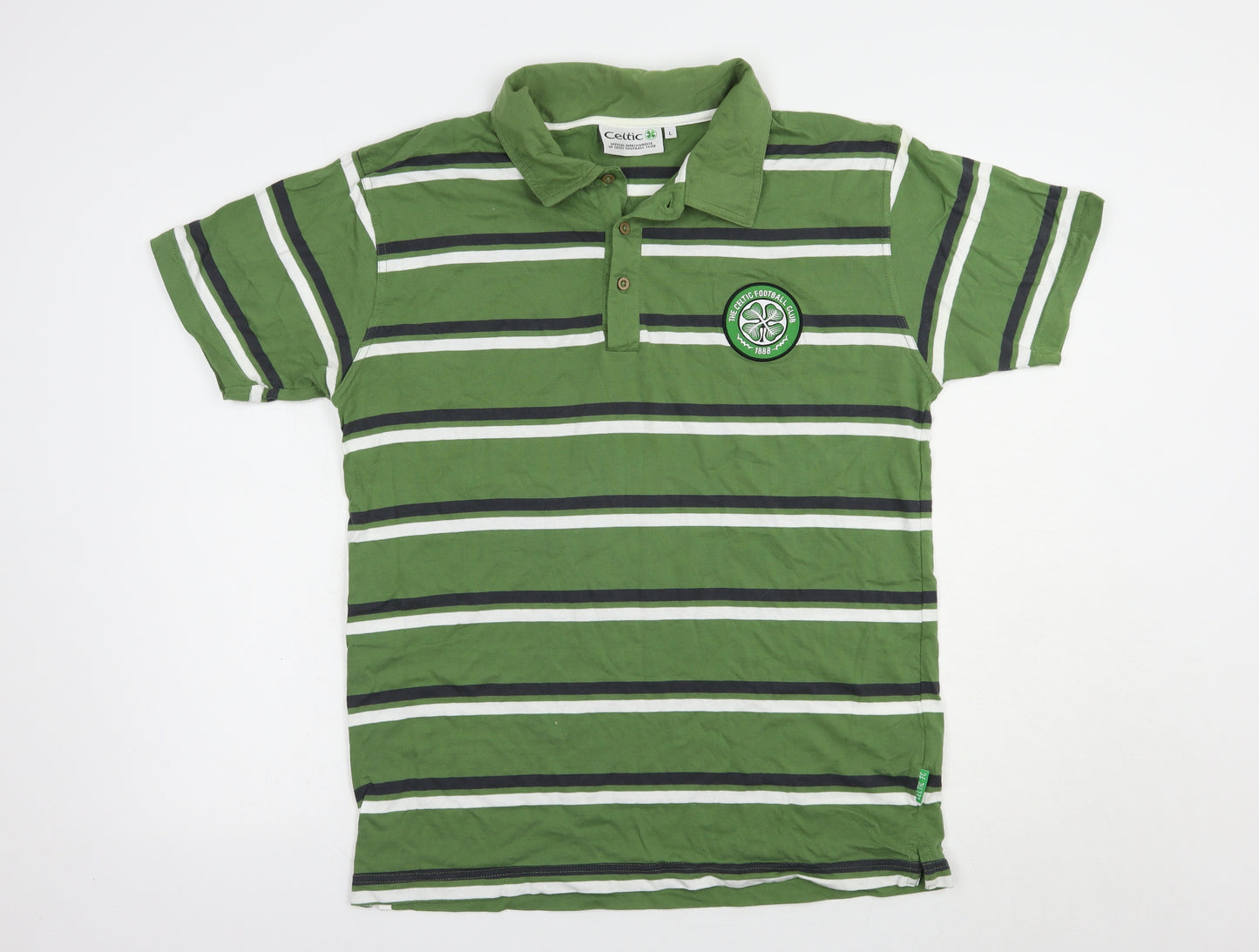 Celtic Mens Green Striped Cotton  Polo Size L Collared Button - Irish Football