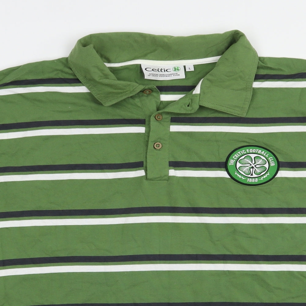 Celtic Mens Green Striped Cotton  Polo Size L Collared Button - Irish Football