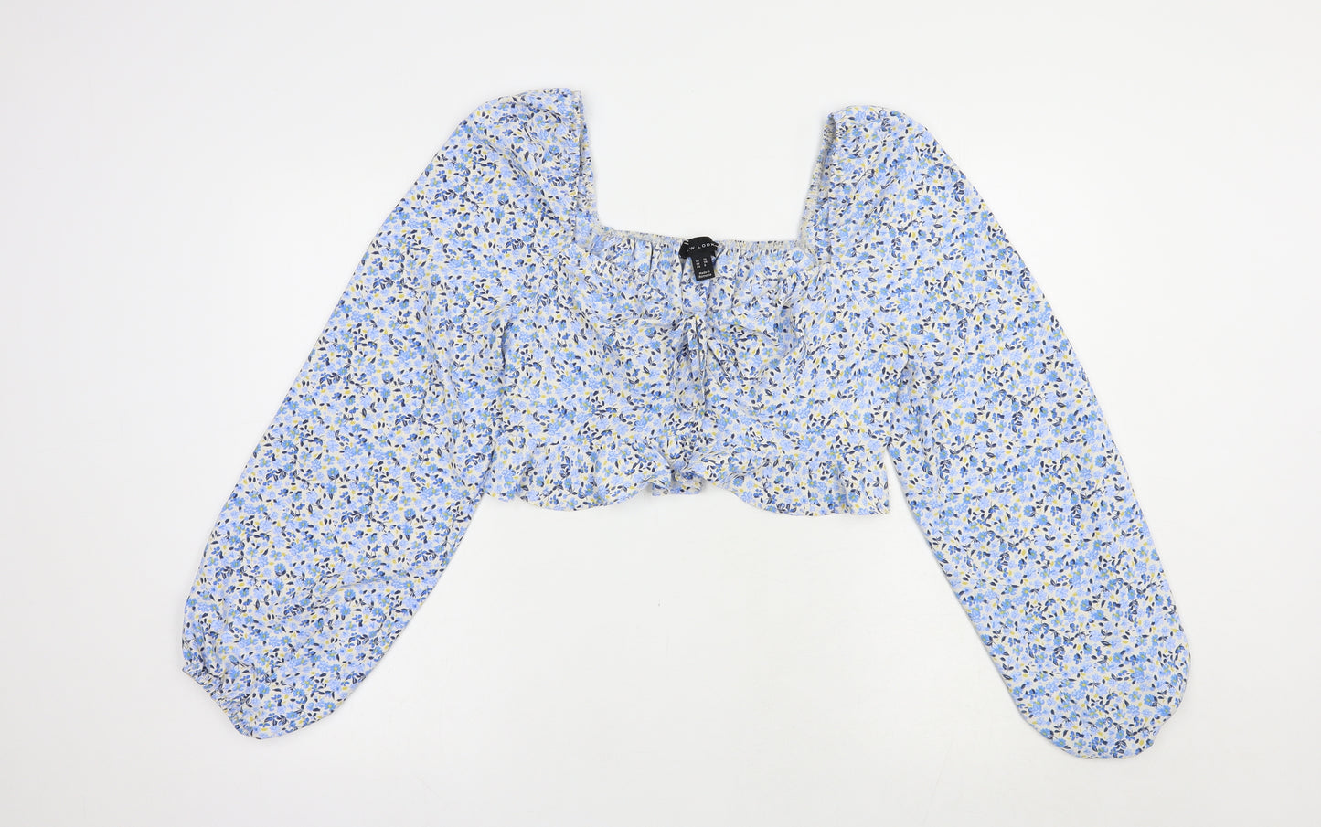New Look Womens Blue Floral Polyester Cropped Blouse Size 10 V-Neck