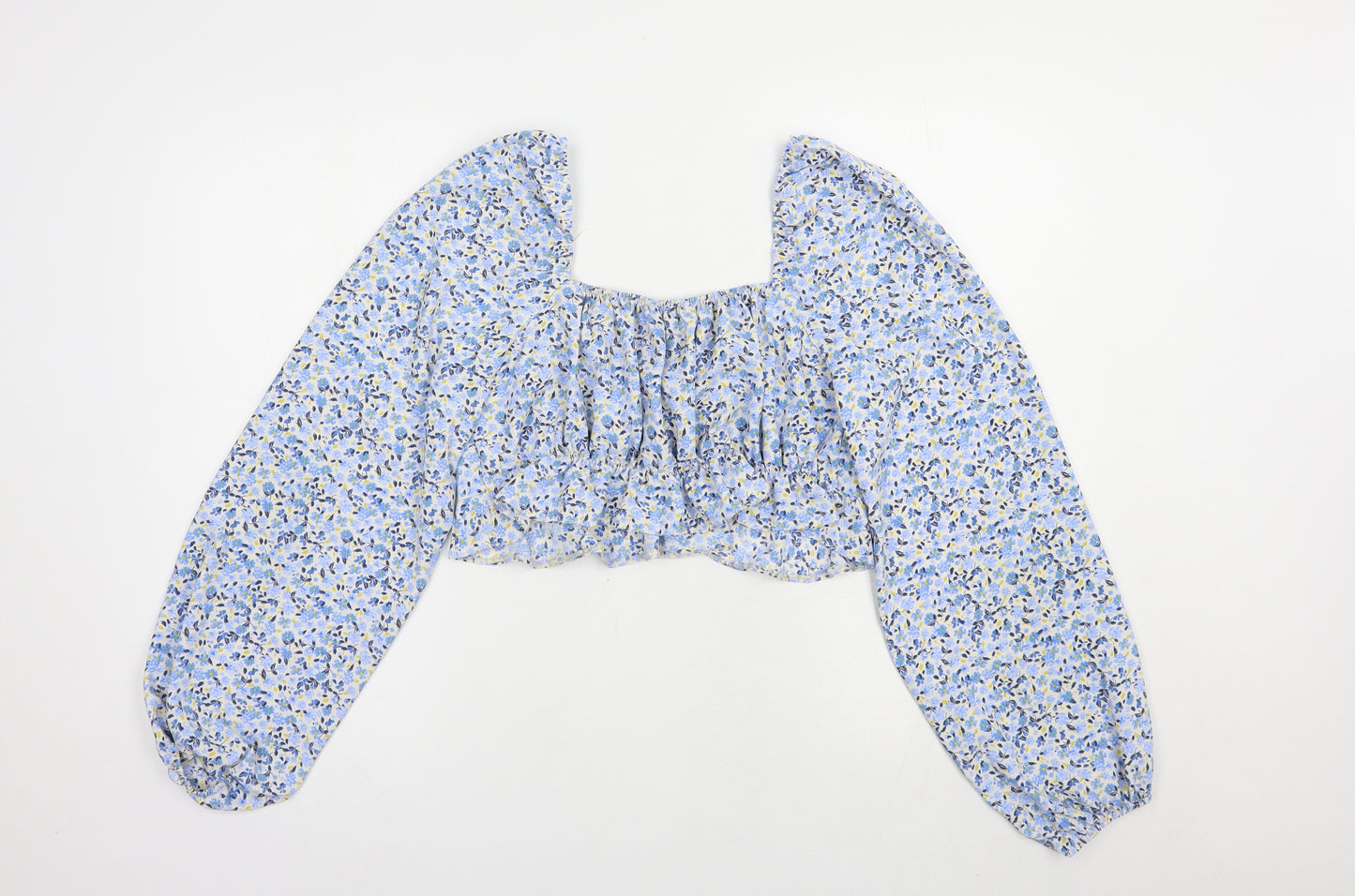 New Look Womens Blue Floral Polyester Cropped Blouse Size 10 V-Neck