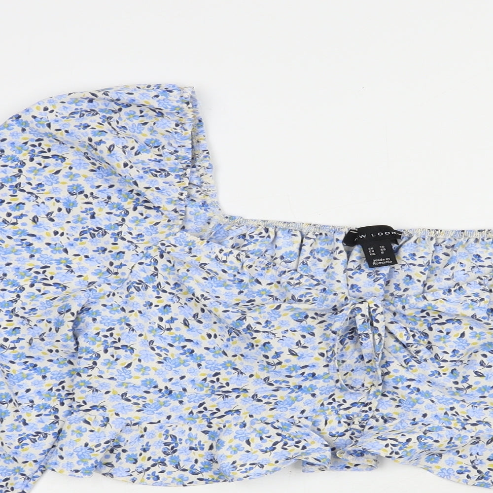 New Look Womens Blue Floral Polyester Cropped Blouse Size 10 V-Neck